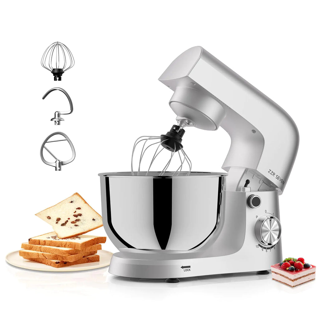 ZZR SEVEN Stand Mixer Dough Mixer Cake Mixer Kitchen Mixer with Bowl SS 5.5 QT Copper Motor Kitchen Electric Standing Mixer with Beater Dough Hook SS Egg Whisk (300W Siliver)